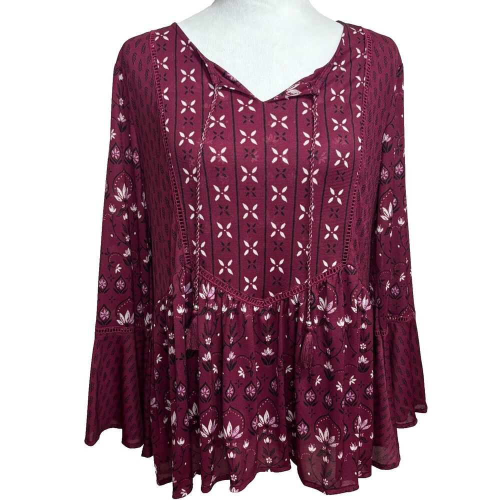 Style & Co Top Womens‎ Petite M Burgundy Boho Retro Festival Folk Indie Feminine